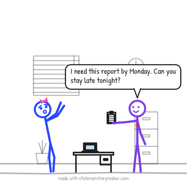 A scene from the "Boss asks for overtime on Friday" stick figure video