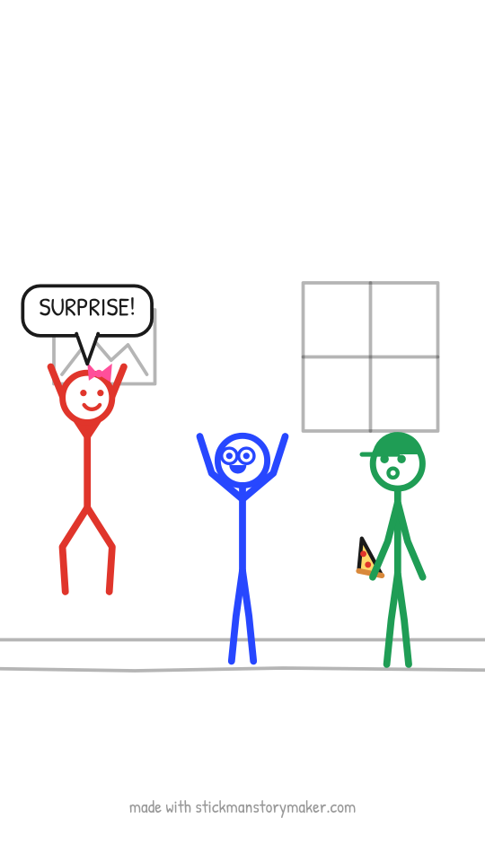Preview: a scene from the "Surprise party mix-up" stick figure video